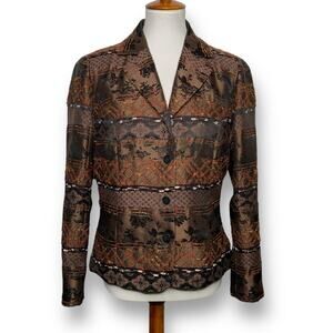 Coldwater Creek Brown Blazer Jacket Satin Embroidered Button Size Medium Petite